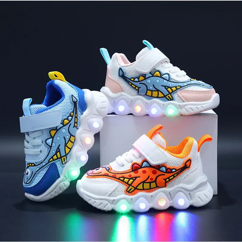 Kids LED dinosaur sneakers light up mesh breathable shoes boys girls