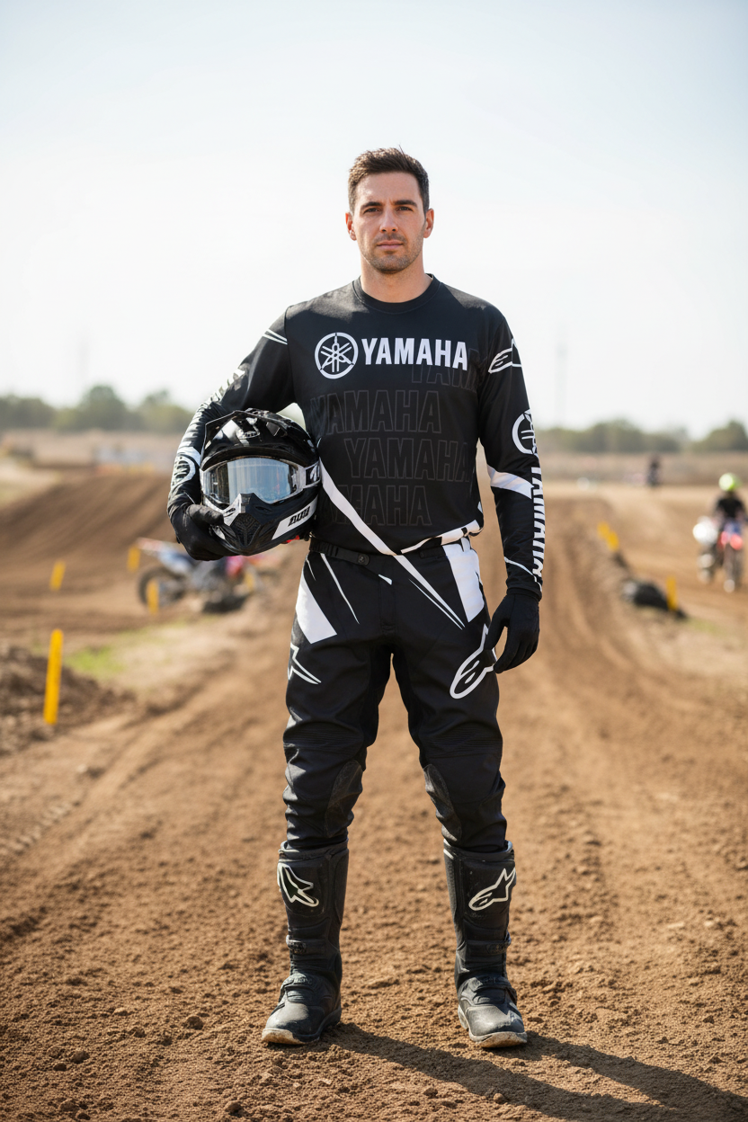Yamaha motorcycle riding suit front view, breathable off-road gear