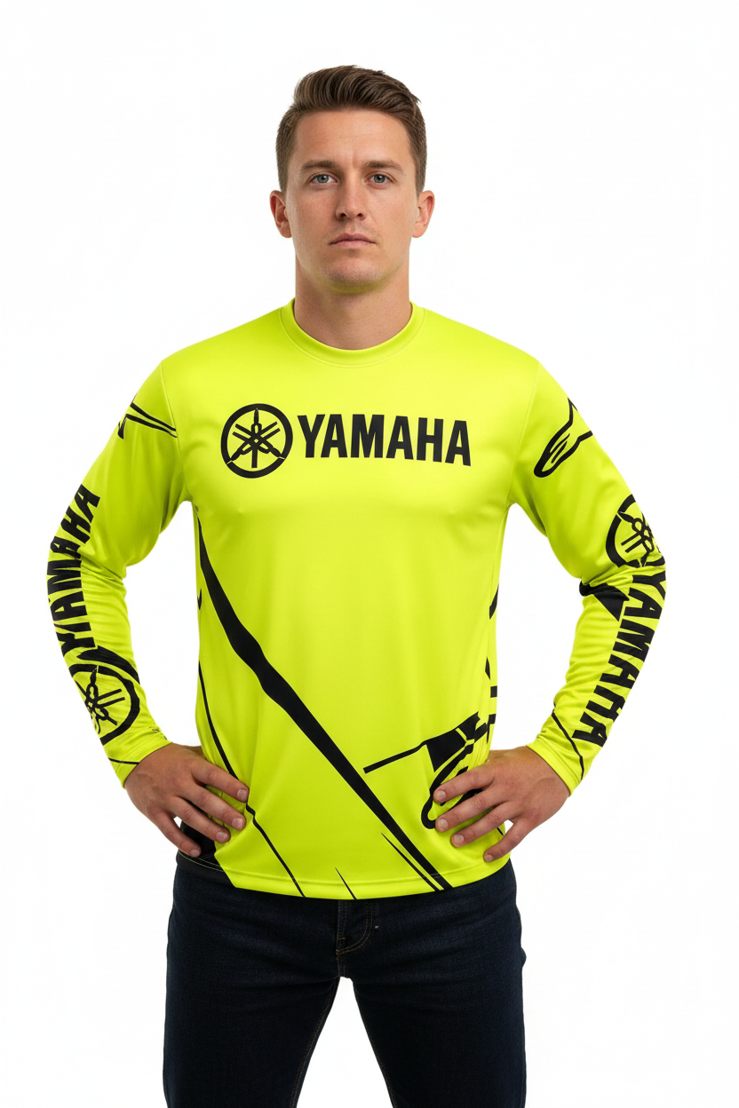 Yamaha motorcycle riding suit front view, breathable off-road gear
