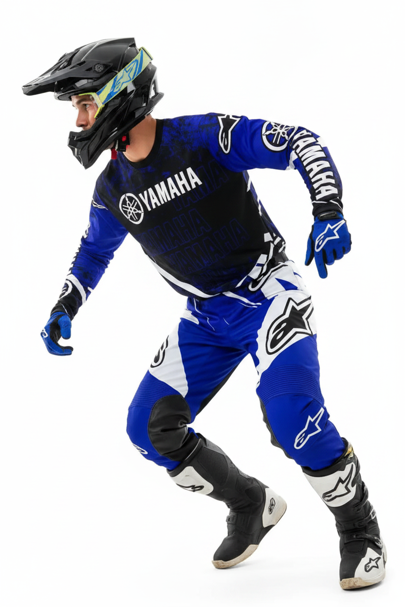 Yamaha motorcycle riding suit front view, breathable off-road gear