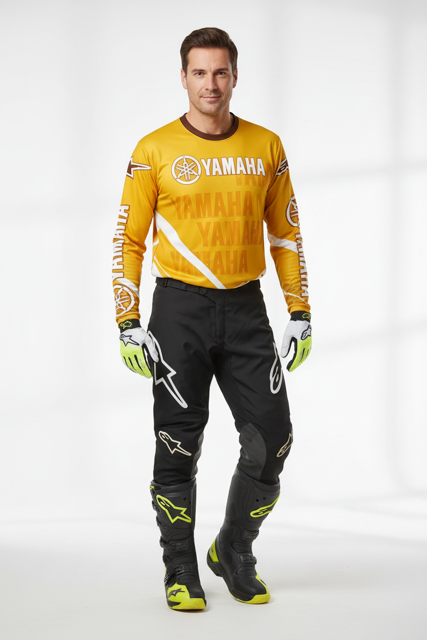 Yamaha motorcycle riding suit front view, breathable off-road gear