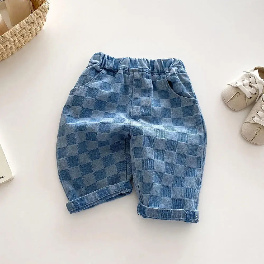 2026 Spring New 1-5Y Children Jeans Boys Denim Pants Mid Waist Girls Trousers Fashion Kids Plaid Pants