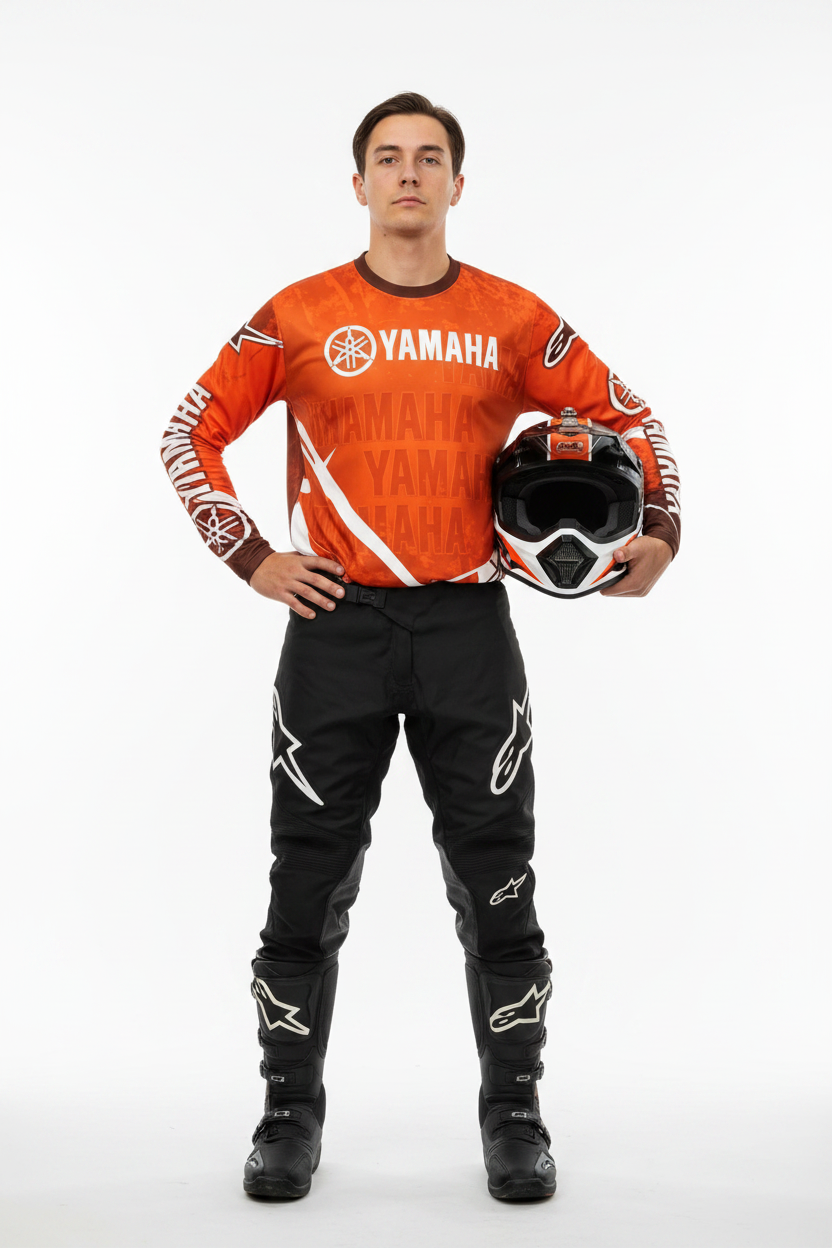 Yamaha motorcycle riding suit front view, breathable off-road gear