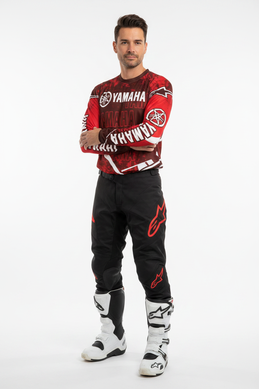 Yamaha motorcycle riding suit front view, breathable off-road gear