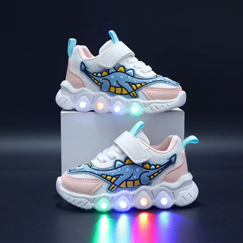 Kids LED dinosaur sneakers light up mesh breathable shoes boys girls