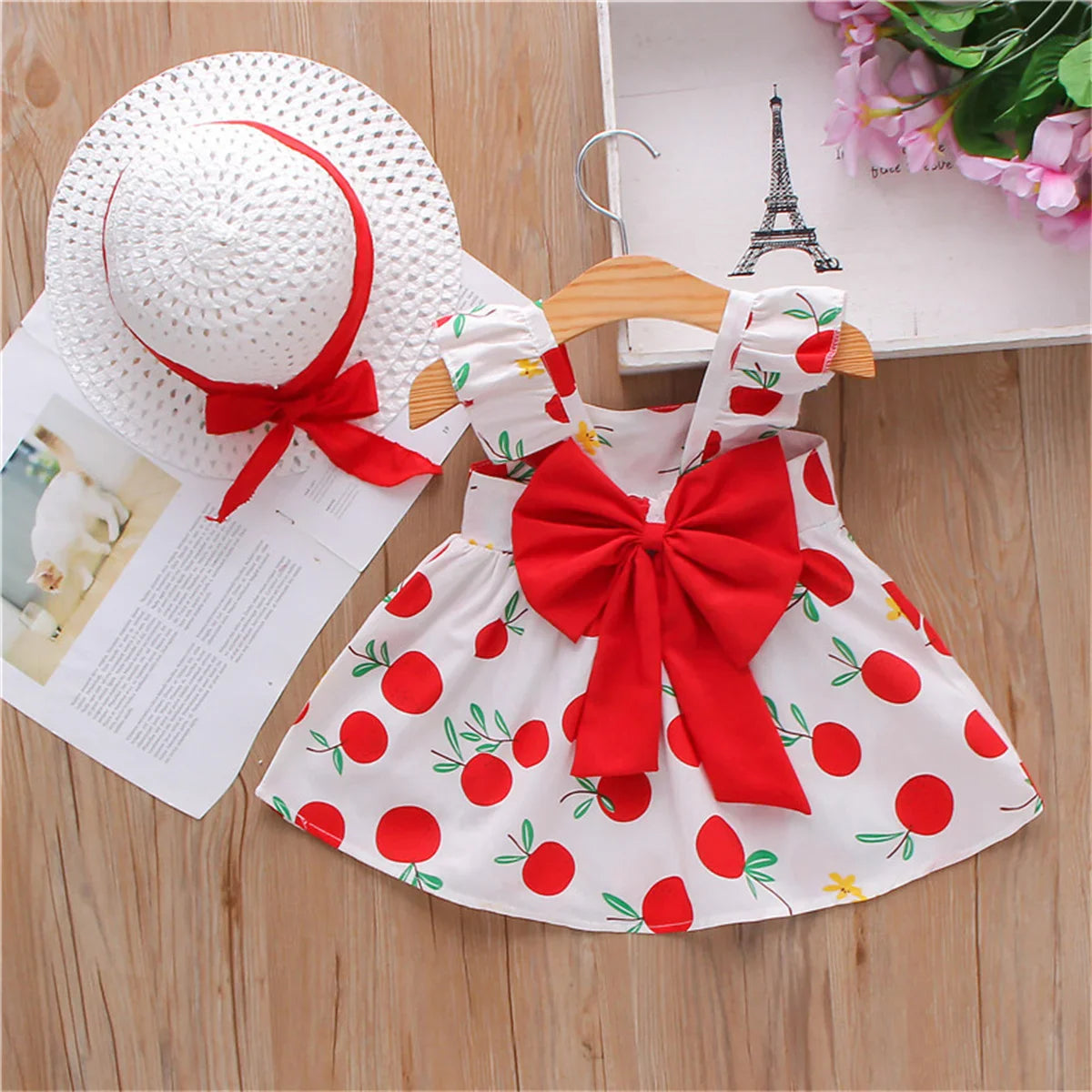 2Pcs/SetSummer girls dress children's clothing new small suspender bow orange print vest skirt with hat as a gift