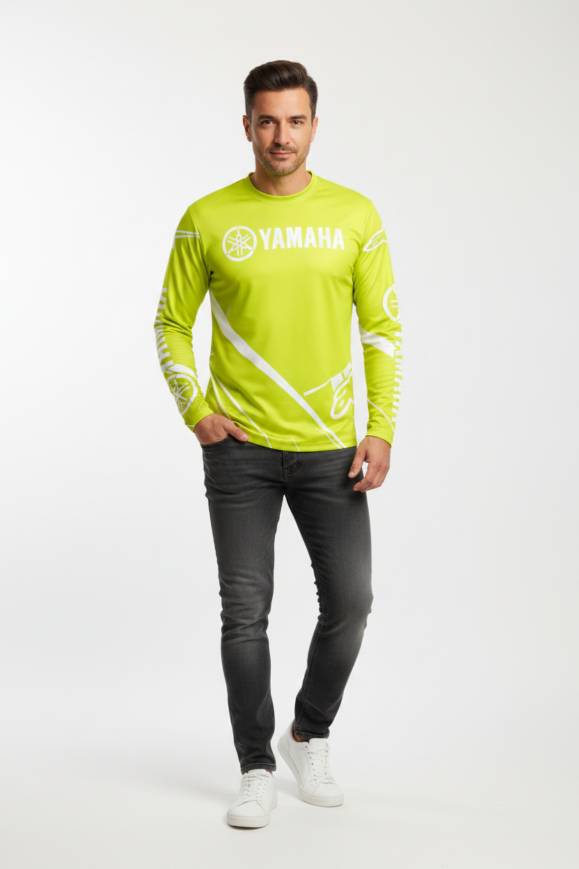 Yamaha motorcycle riding suit front view, breathable off-road gear