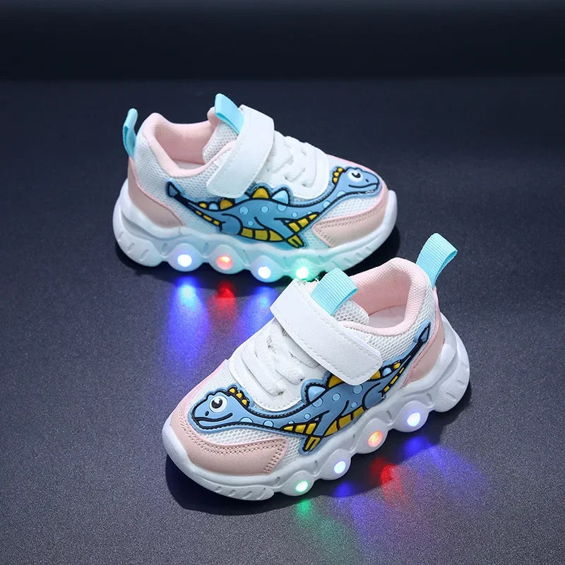 Kids LED dinosaur sneakers light up mesh breathable shoes boys girls