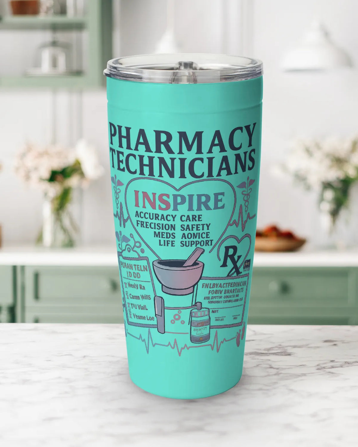 Pharmacy technician tumbler with inspiring design, showcasing pharmacy care themes and double-insulated stainless steel for drinks.