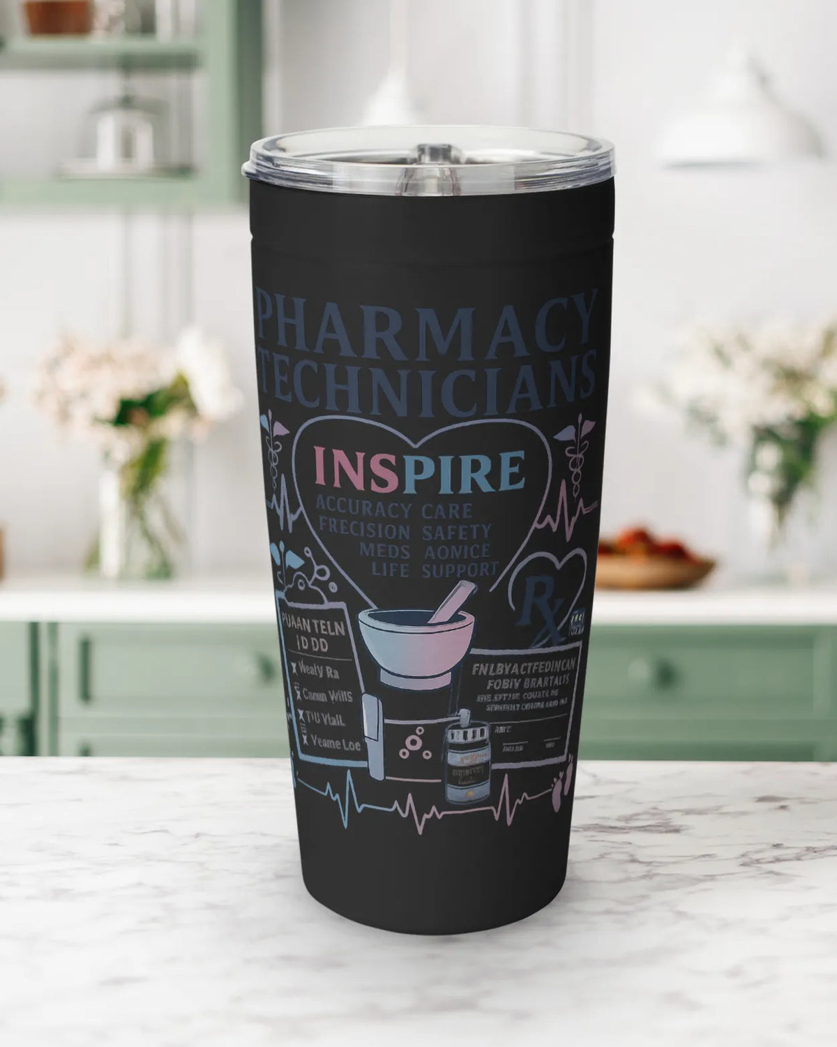 Pharmacy technician tumbler with inspiring design, showcasing pharmacy care themes and double-insulated stainless steel for drinks.