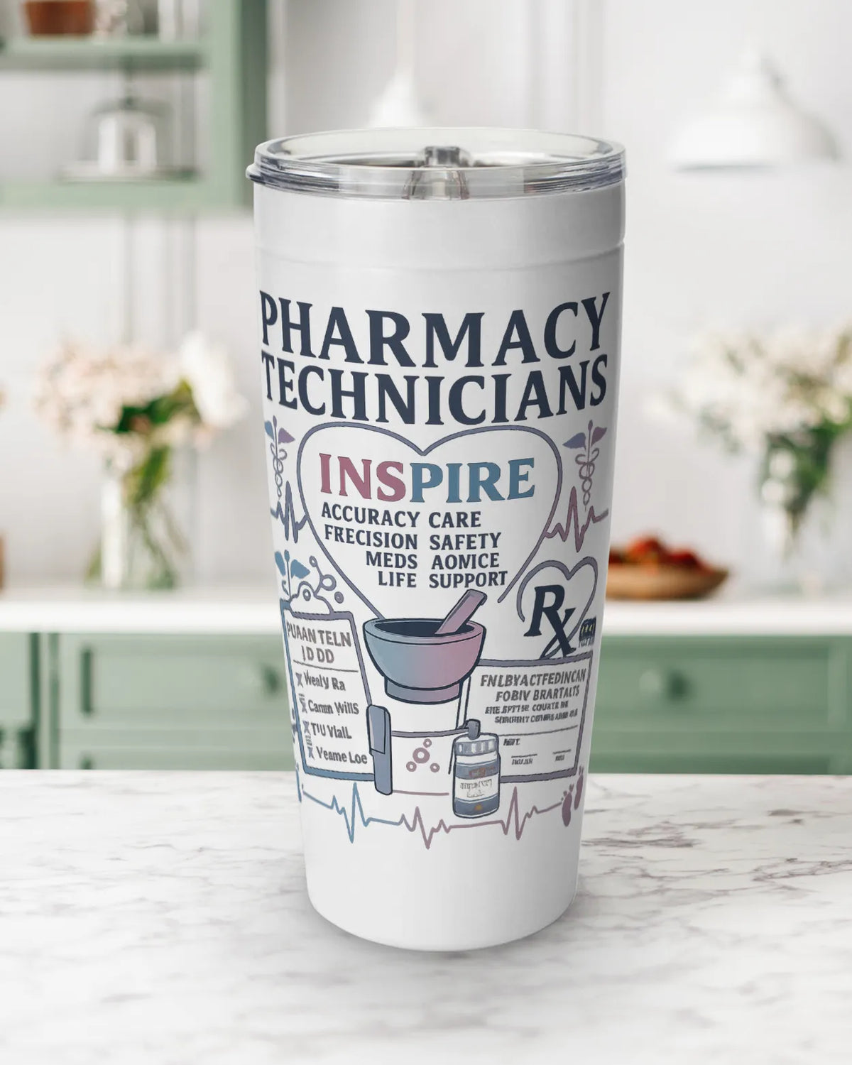 Pharmacy technician tumbler with inspiring design, showcasing pharmacy care themes and double-insulated stainless steel for drinks.