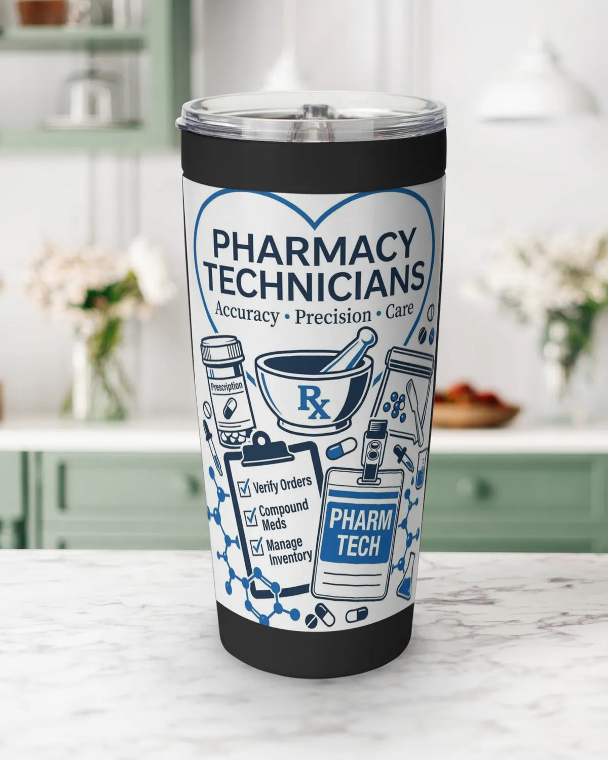 stainless steel pharmacy tumbler featuring pharmacy technician design with a 20 oz capacity and double-wall insulation