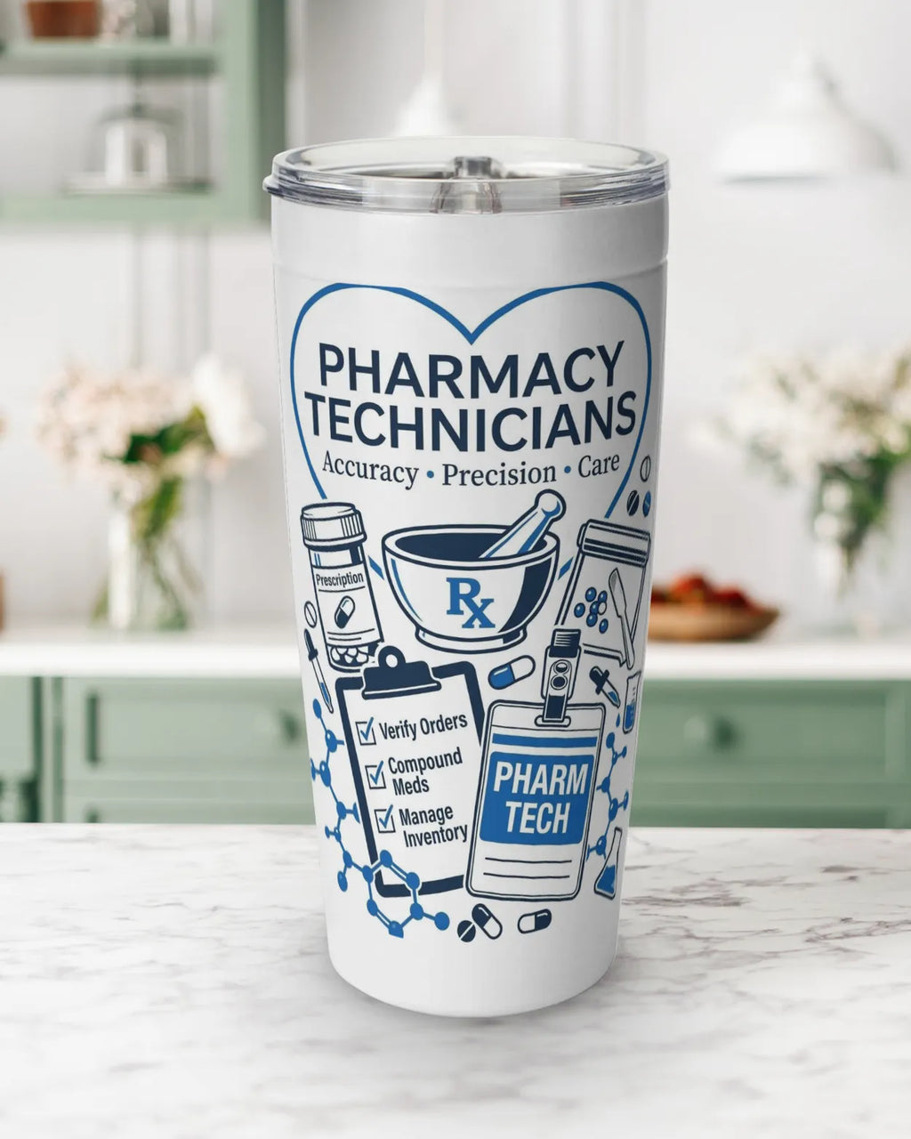 stainless steel pharmacy tumbler featuring pharmacy technician design with a 20 oz capacity and double-wall insulation