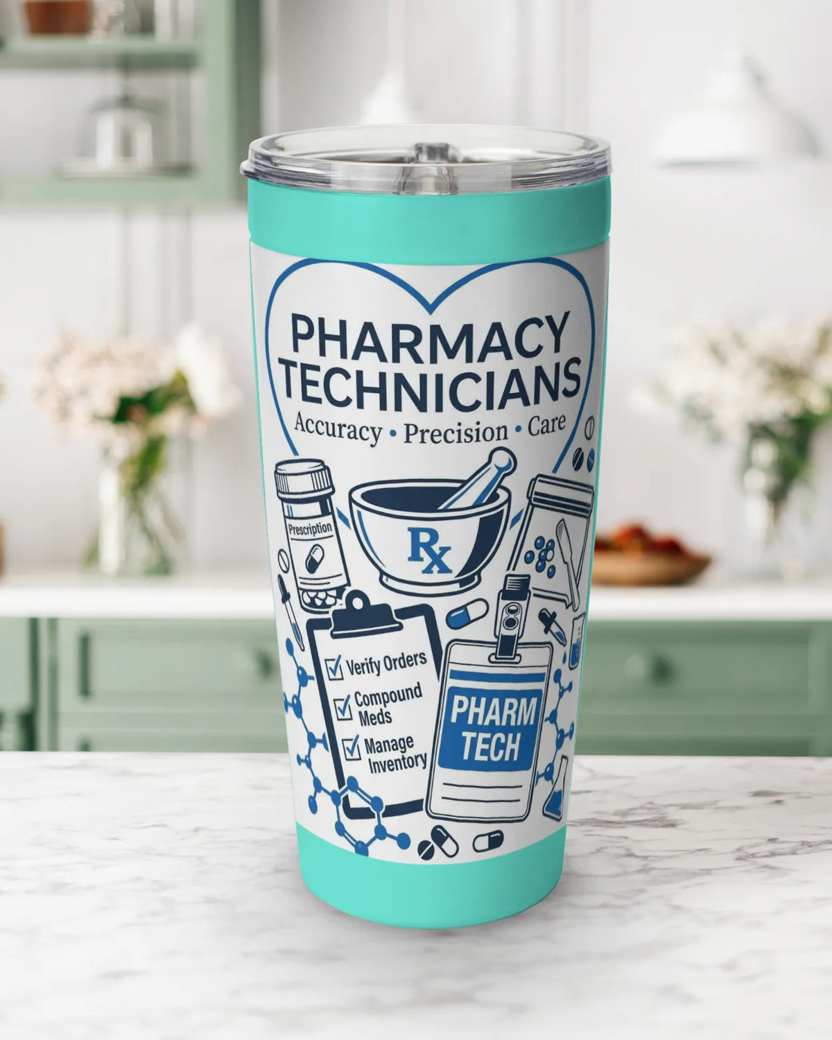 stainless steel pharmacy tumbler featuring pharmacy technician design with a 20 oz capacity and double-wall insulation