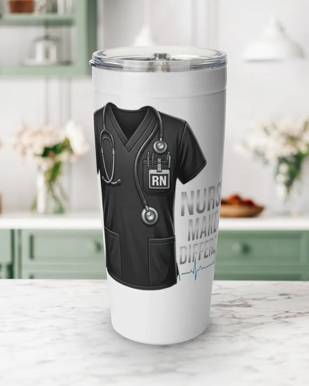 Nurses make a difference tumbler featuring black RN scrubs design for healthcare professionals.