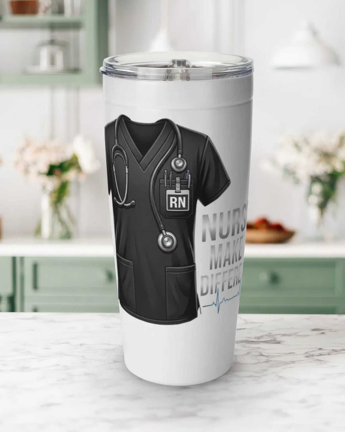 Nurses make a difference tumbler featuring black RN scrubs design for healthcare professionals.