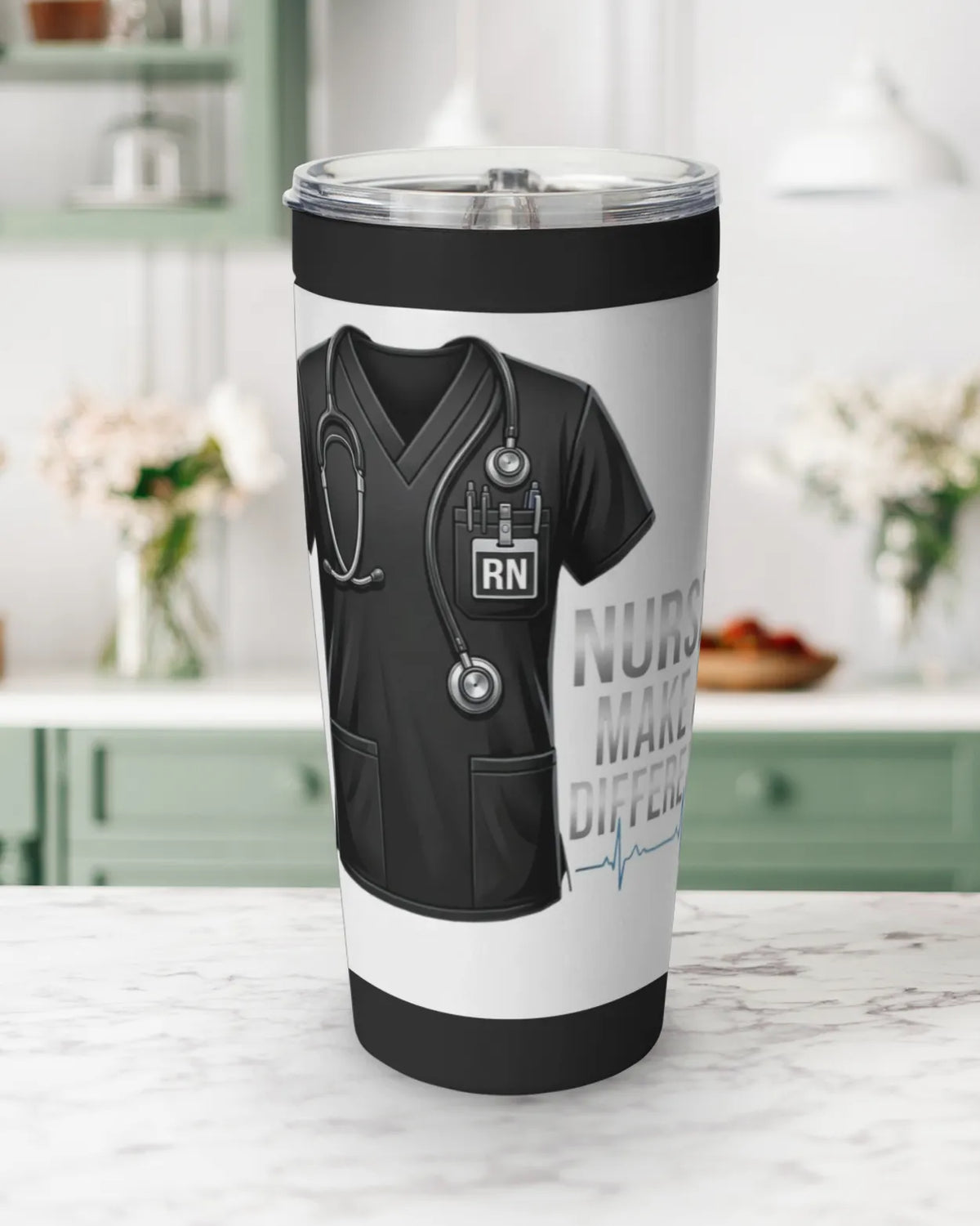Nurses make a difference tumbler featuring black RN scrubs design for healthcare professionals.