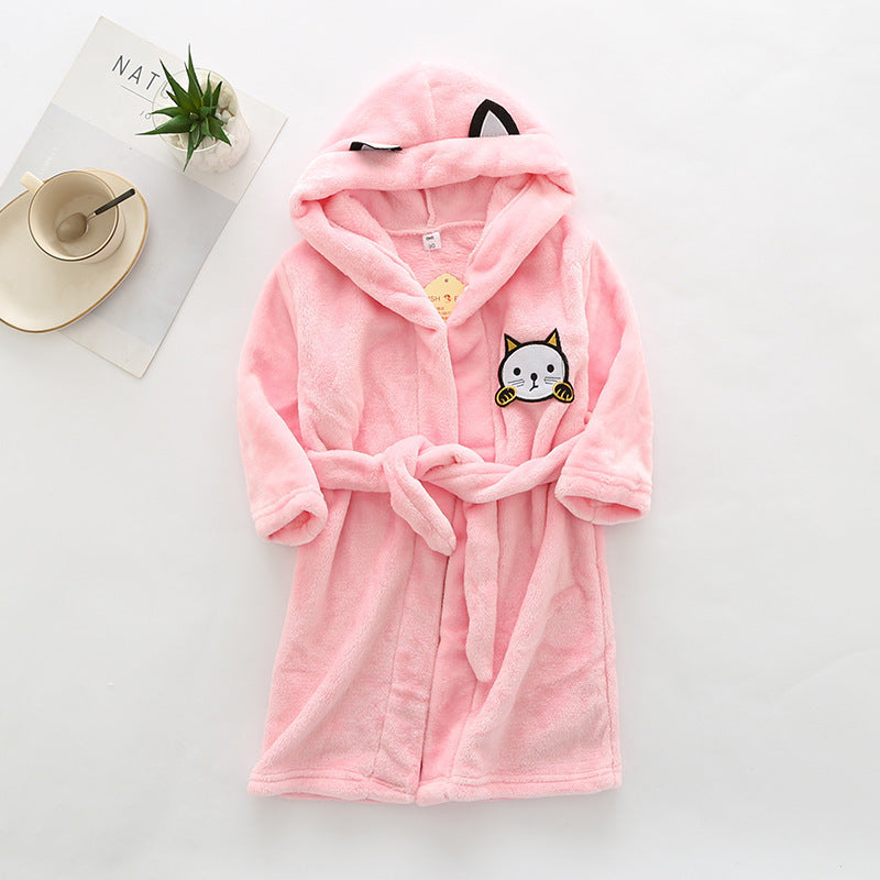 Kids flannel bathrobe in pink, gray, white, and beige with cute bear print and cozy hood.