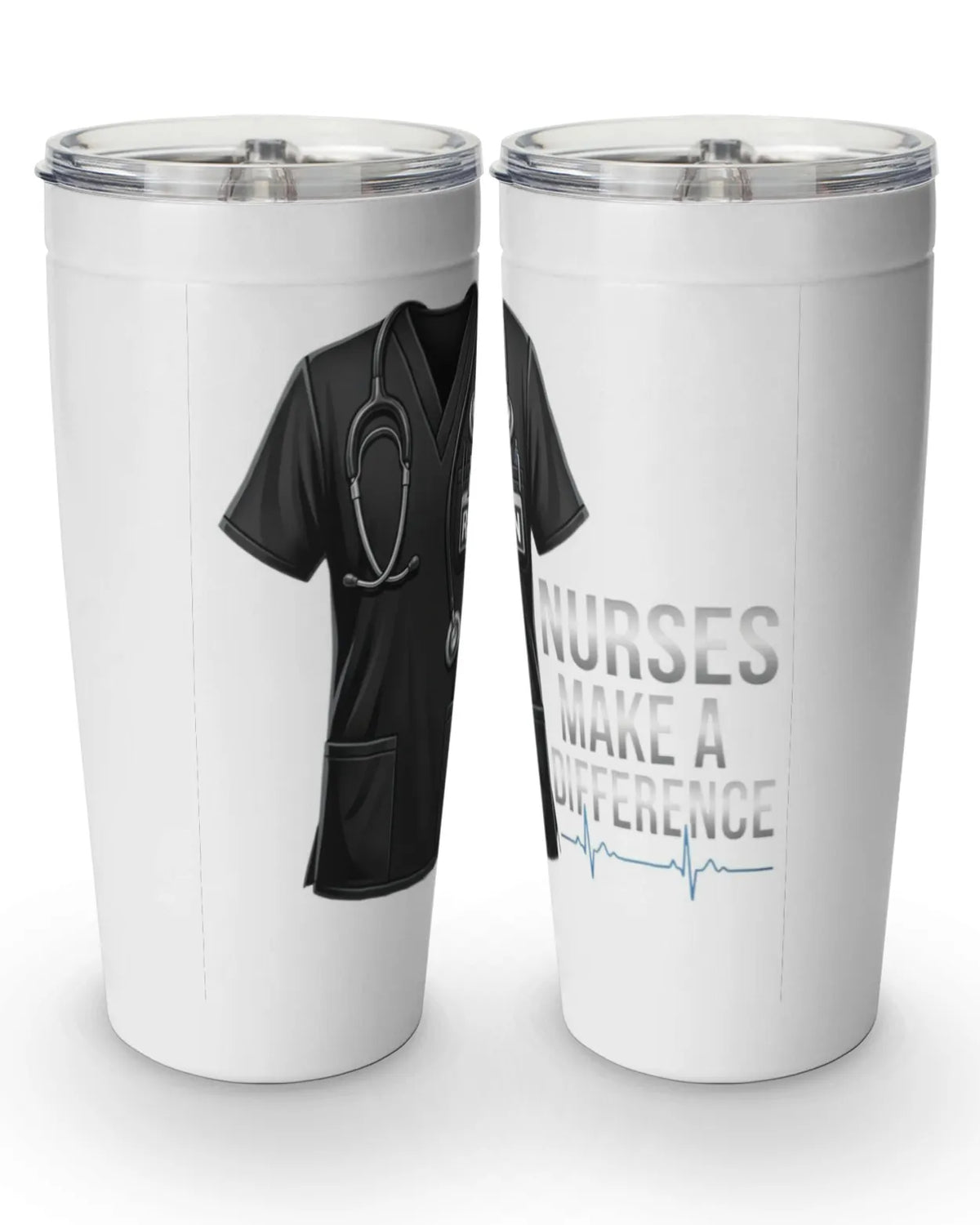 Nurses make a difference tumbler featuring black RN scrubs design for healthcare professionals.