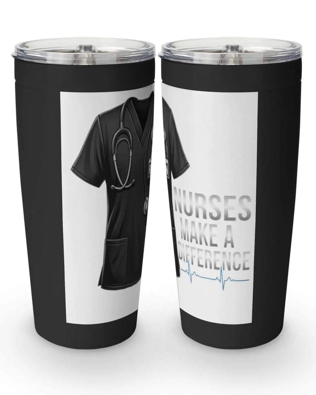 Nurses make a difference tumbler featuring black RN scrubs design for healthcare professionals.
