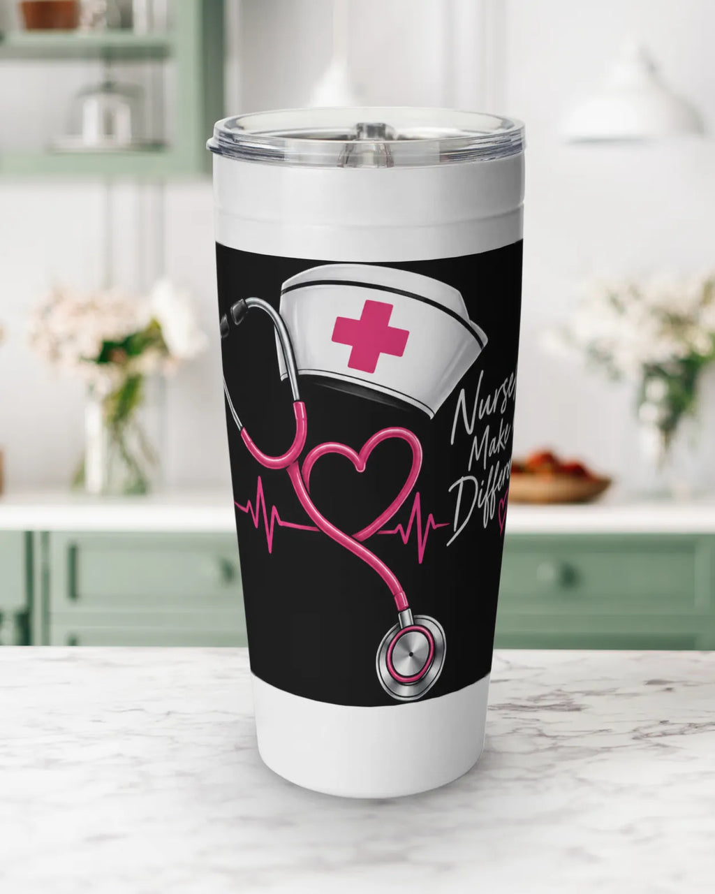 Nurse tumbler with pink stethoscope heart