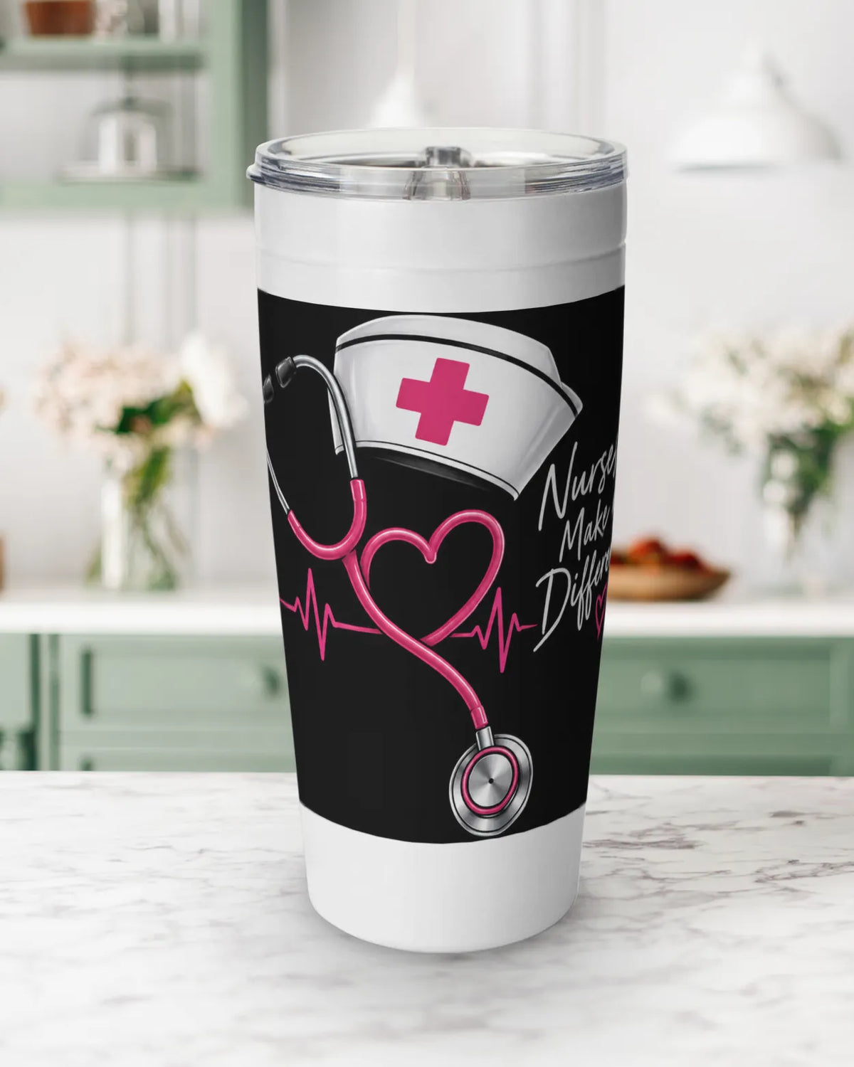 Nurse tumbler with pink stethoscope heart