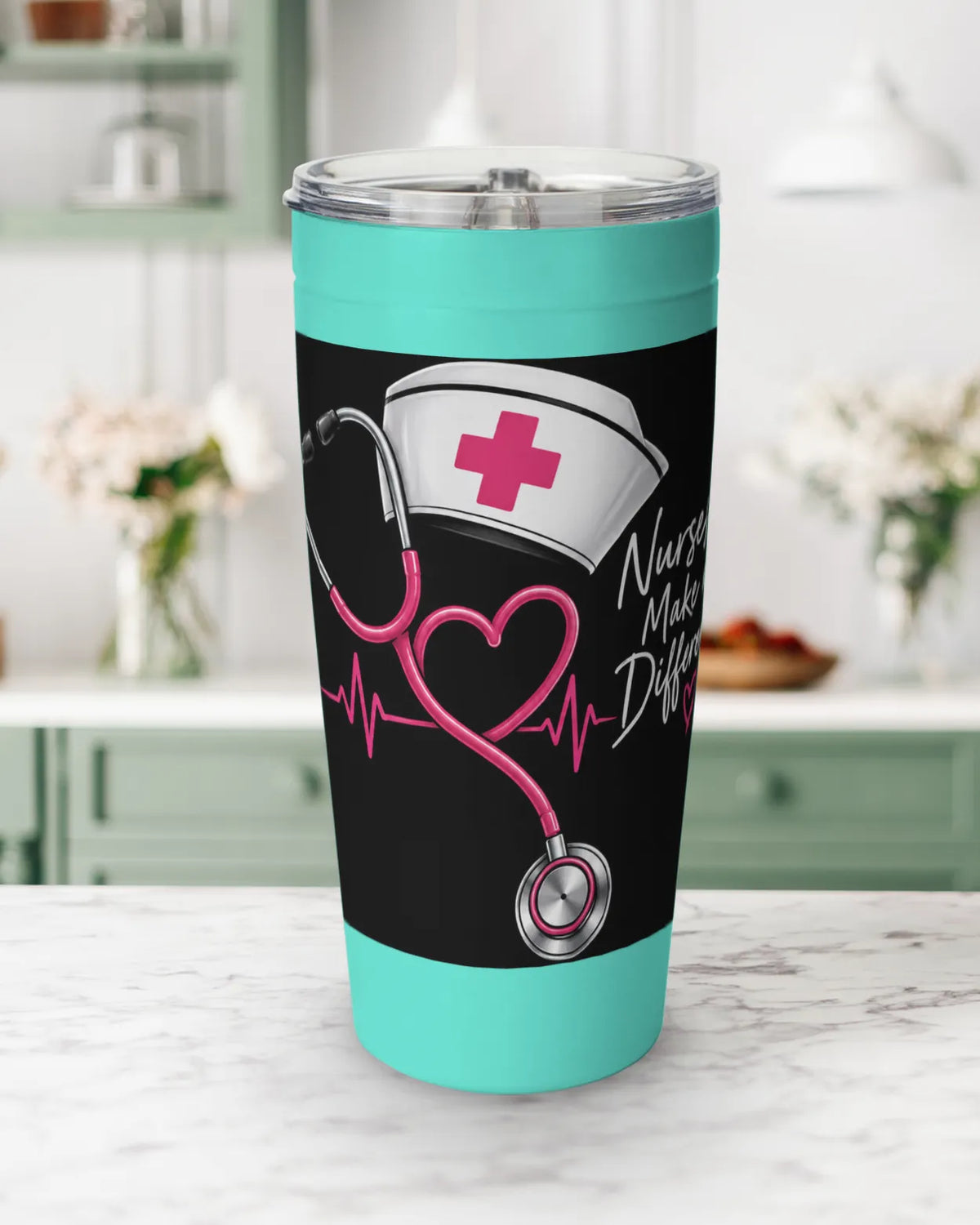 Nurse tumbler with pink stethoscope heart