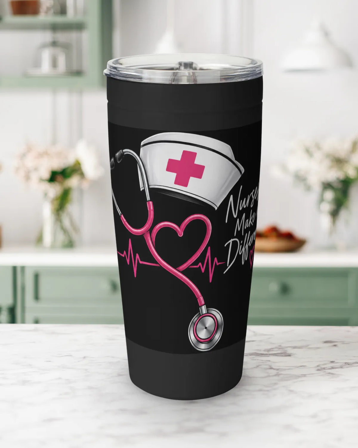 Nurse tumbler with pink stethoscope heart