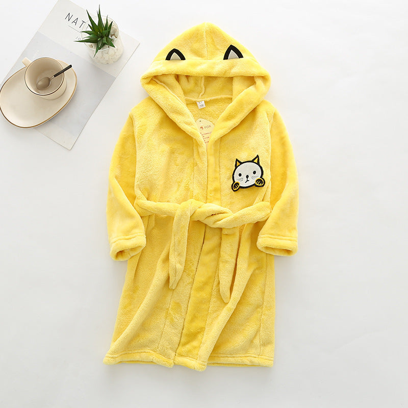 Kids flannel bathrobe in pink, gray, white, and beige with cute bear print and cozy hood.