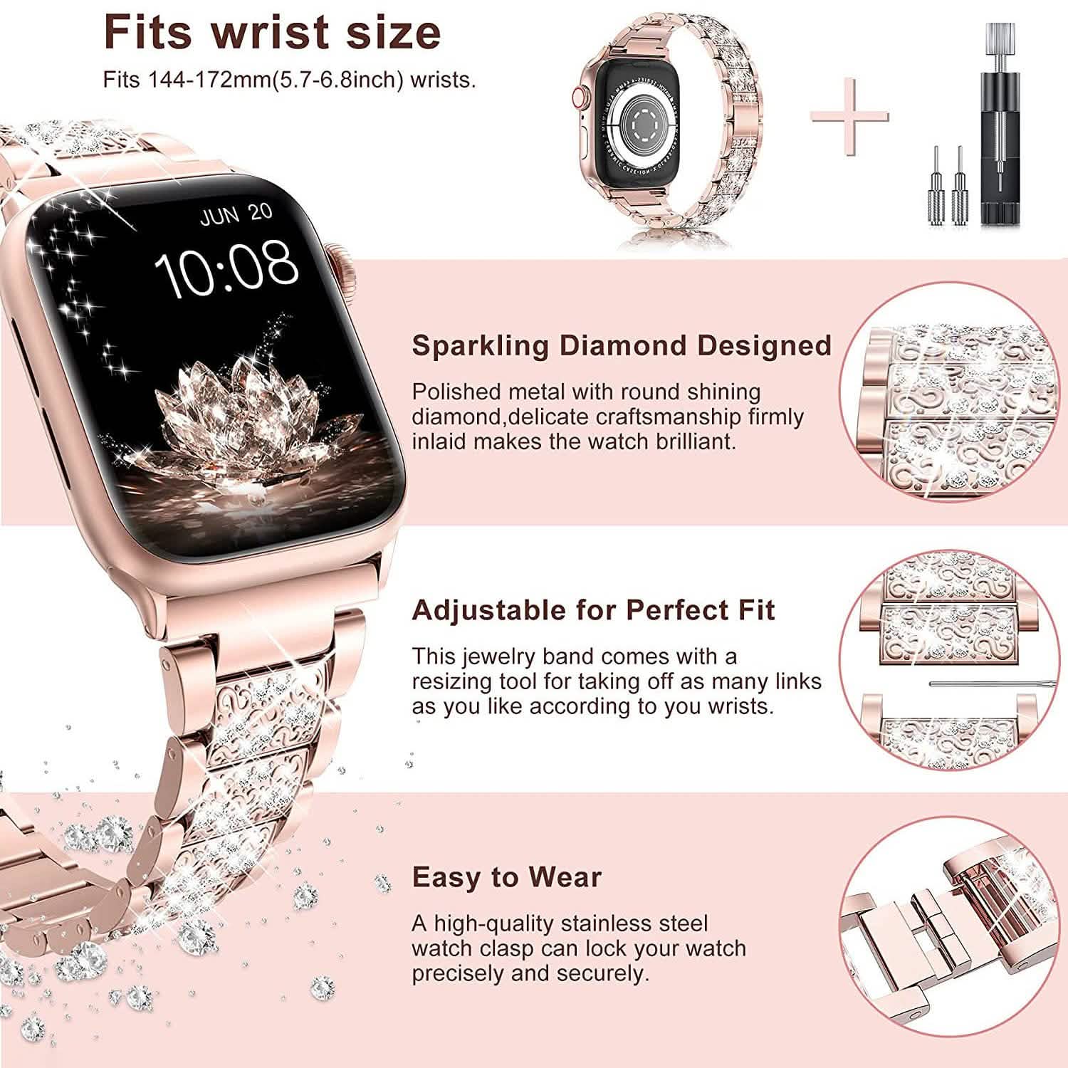 Rhinestone Apple Watch Band — diamond crystal stainless steel strap for Apple Watch Series 1-7