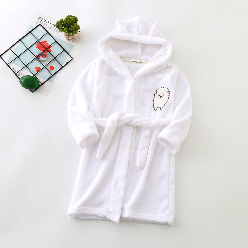 Kids flannel bathrobe in pink, gray, white, and beige with cute bear print and cozy hood.