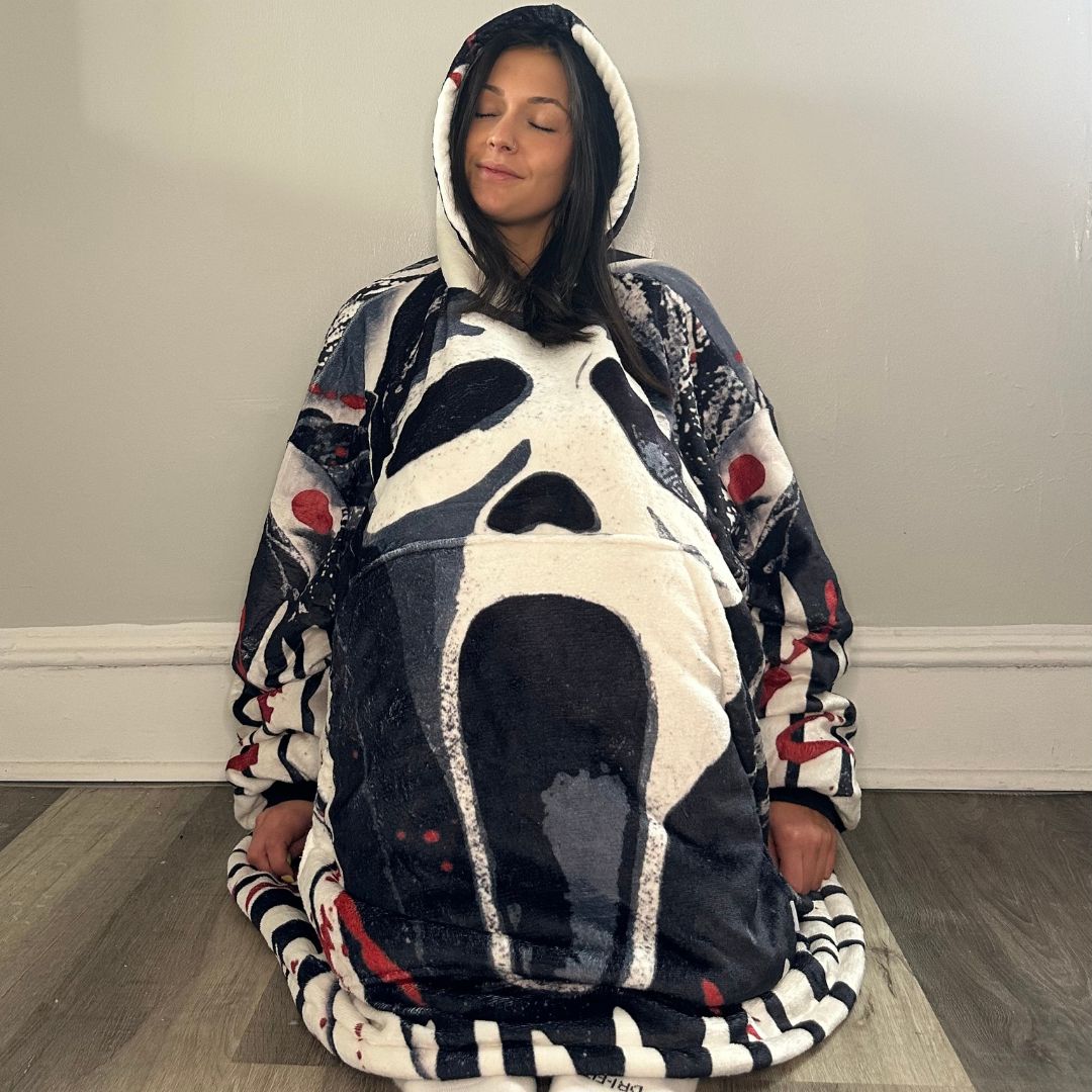 Ghost Face Horror wearable Sherpa blanket hoodie in oversized cozy design for kids and adults