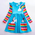 Girls unicorn rainbow dress — soft cotton flower print long sleeve dress for kids ages 3-6
