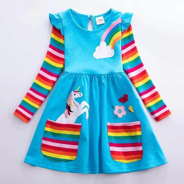 Girls unicorn rainbow dress — soft cotton flower print long sleeve dress for kids ages 3-6