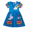 Girls short sleeve dress — soft cotton knee-length dress with rainbow and cartoon embroidery for kids ages 3-6