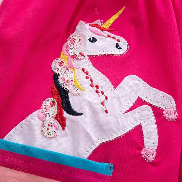 Girls short sleeve dress — soft cotton knee-length dress with rainbow and cartoon embroidery for kids ages 3-6