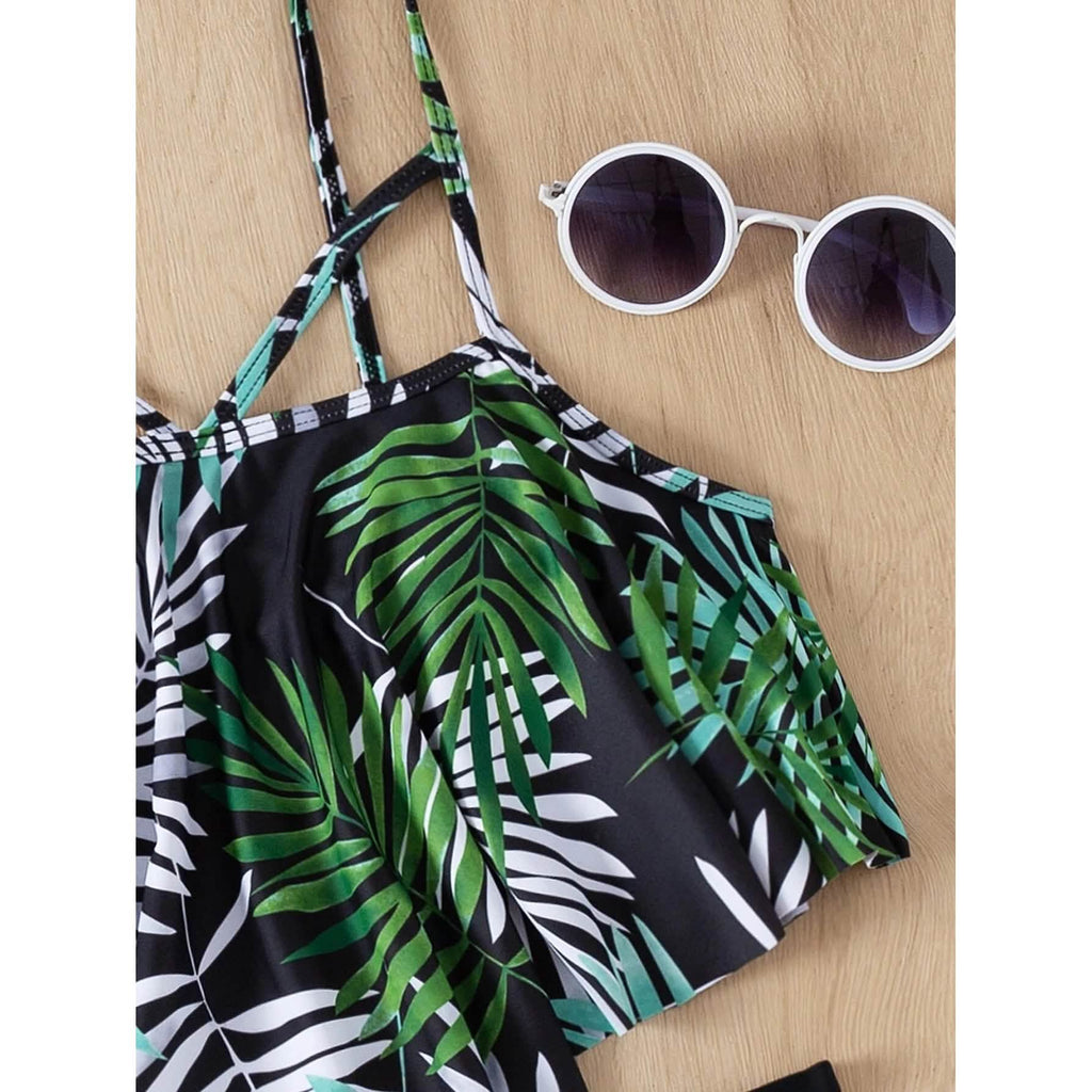 Leaf Print Hanky Hem High Waisted Bikini Swimsuit