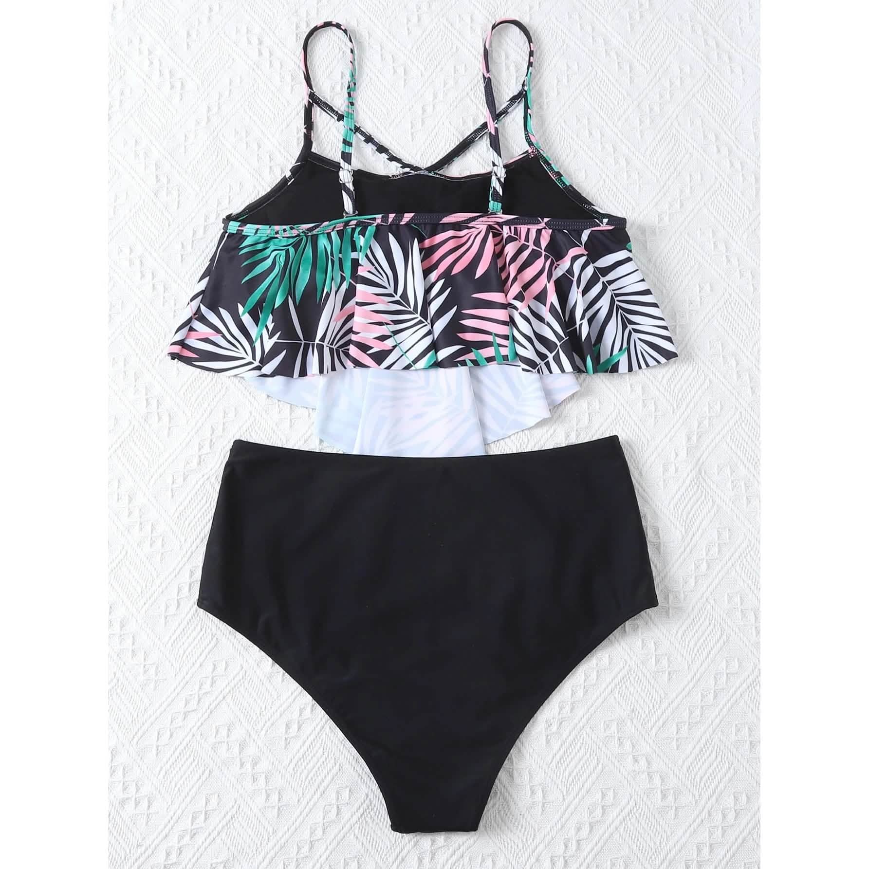Leaf Print Hanky Hem High Waisted Bikini Swimsuit