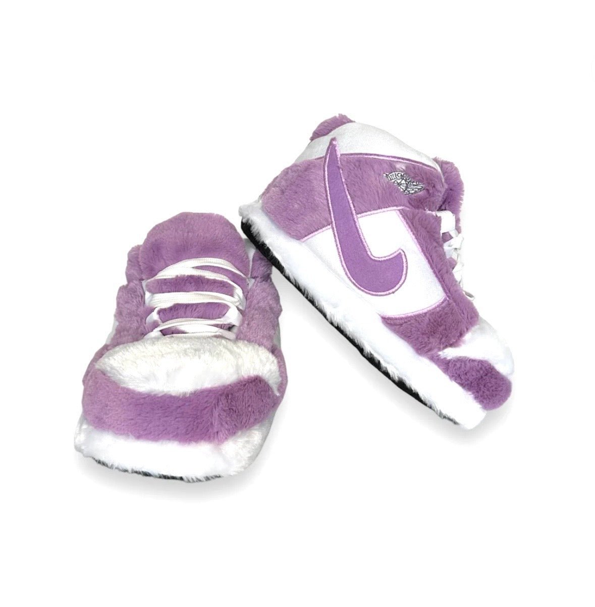 Purple Jordan 1 unisex sneaker slippers for adults and kids, combining sneaker style with cozy house shoe comfort