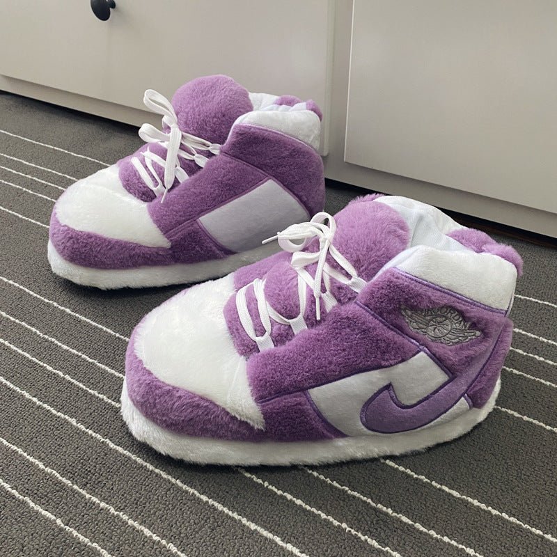 Unisex purple Jordan 1 sneaker slippers for adults and kids, combining sneaker style with cozy house shoe comfort