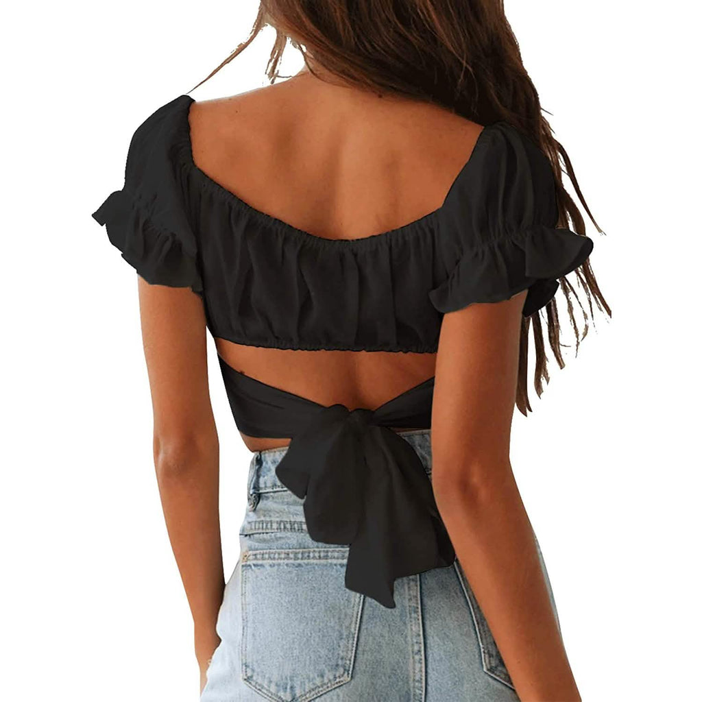 Women's Ruffle Short Sleeve Tie Shirt