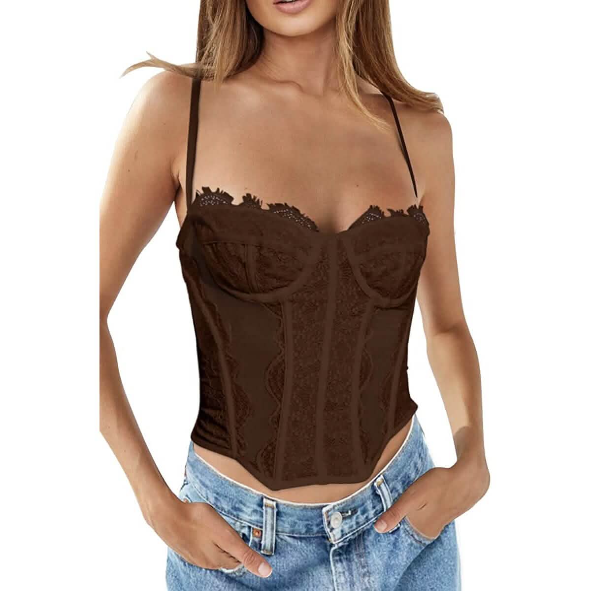 Womens Summer Lace Bustier Mesh Vintage Spaghetti Strap Open Back Boned Corset